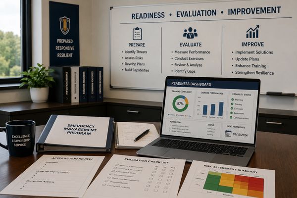Emergency management office setup with readiness, evaluation, and improvement materials.
