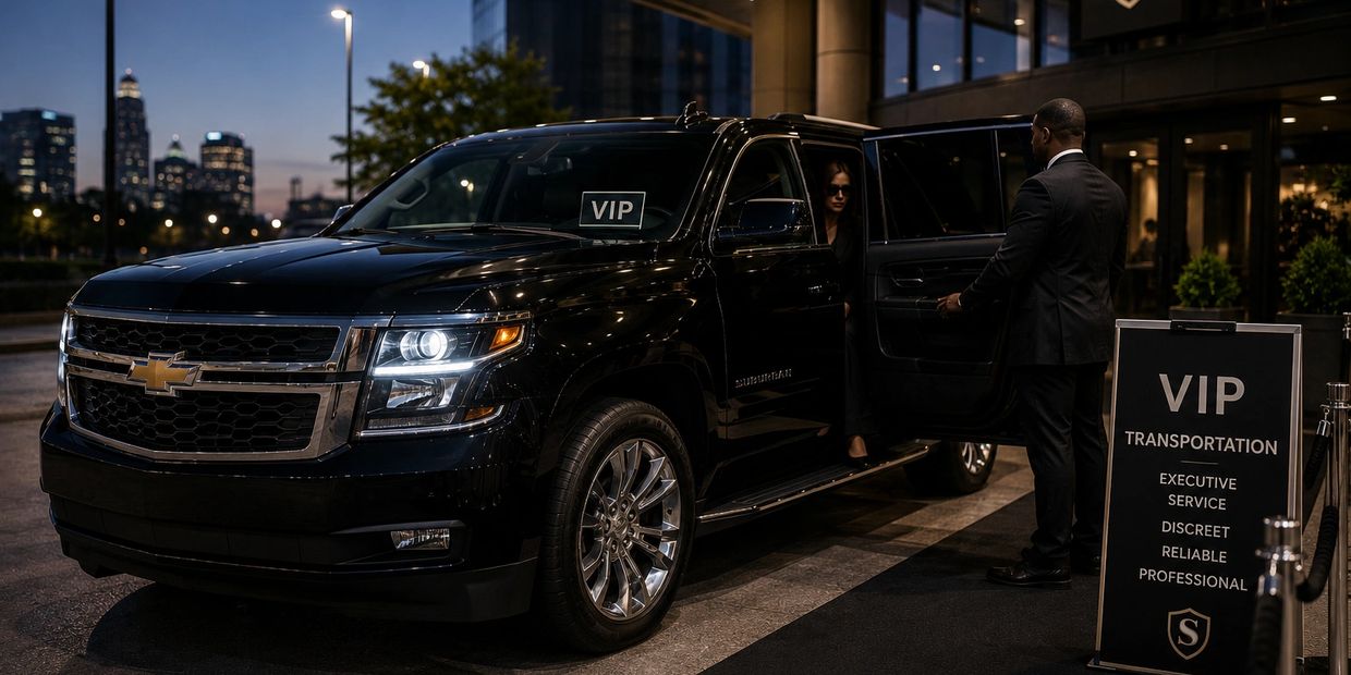 Luxury black SUV with VIP sign and chauffeur opening door at night.