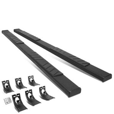 Black running boards with mounting brackets for vehicles.