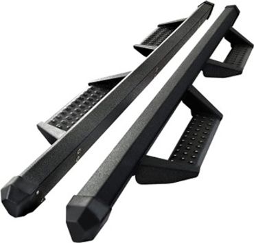 Black metal side steps for a vehicle with textured stepping surfaces.