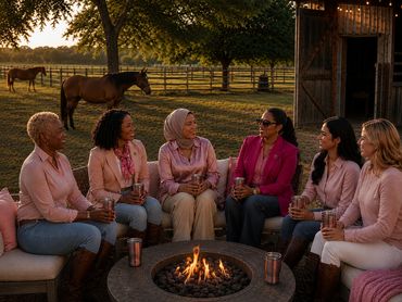 Six women sitting around a fire pit with horses in the background.