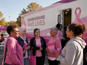 Group of diverse women at a mammogram awareness event.