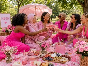 Women dressed in pink enjoying a picnic and toasting with drinks.