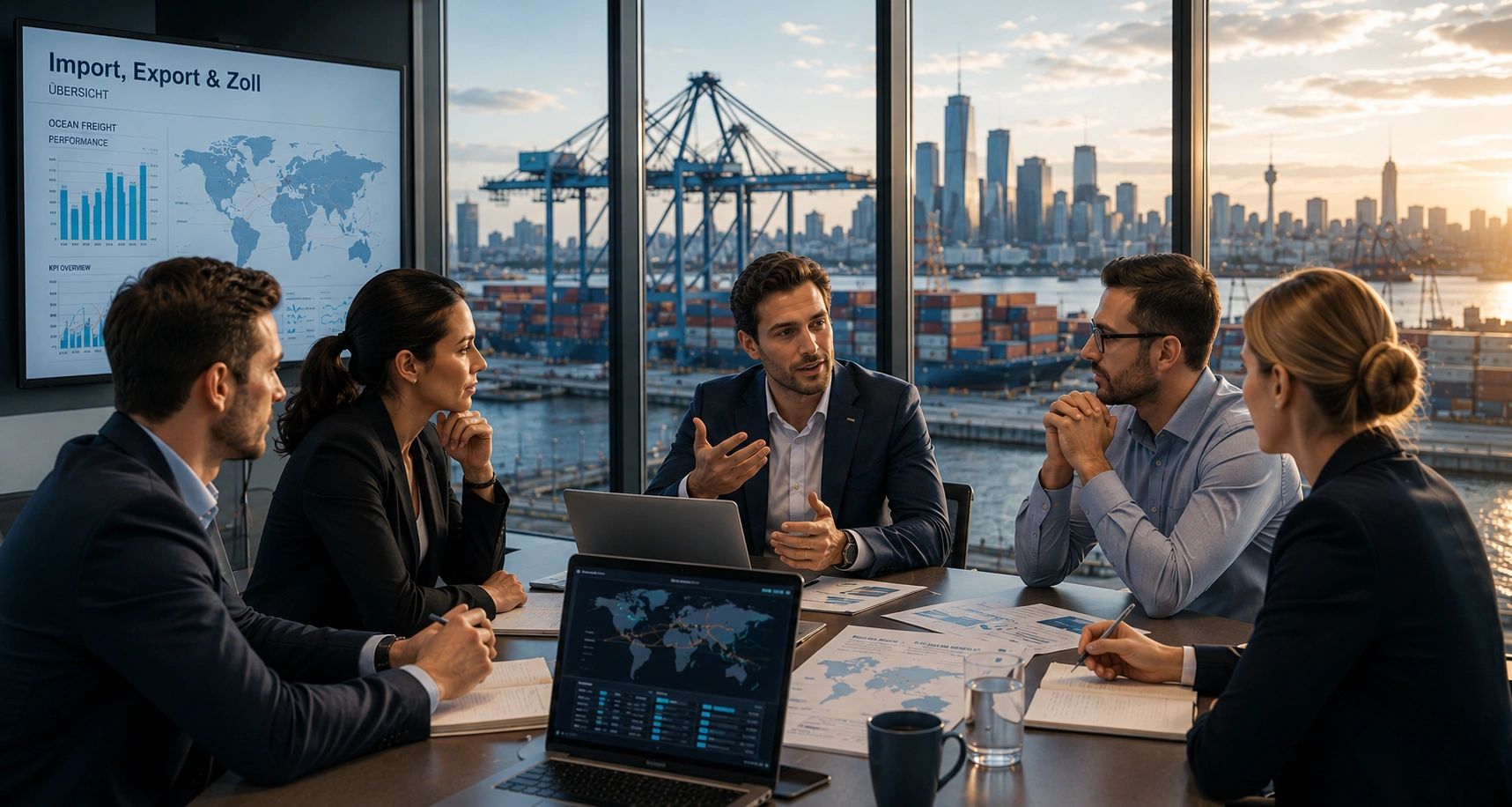 Business meeting on import-export logistics with port view.