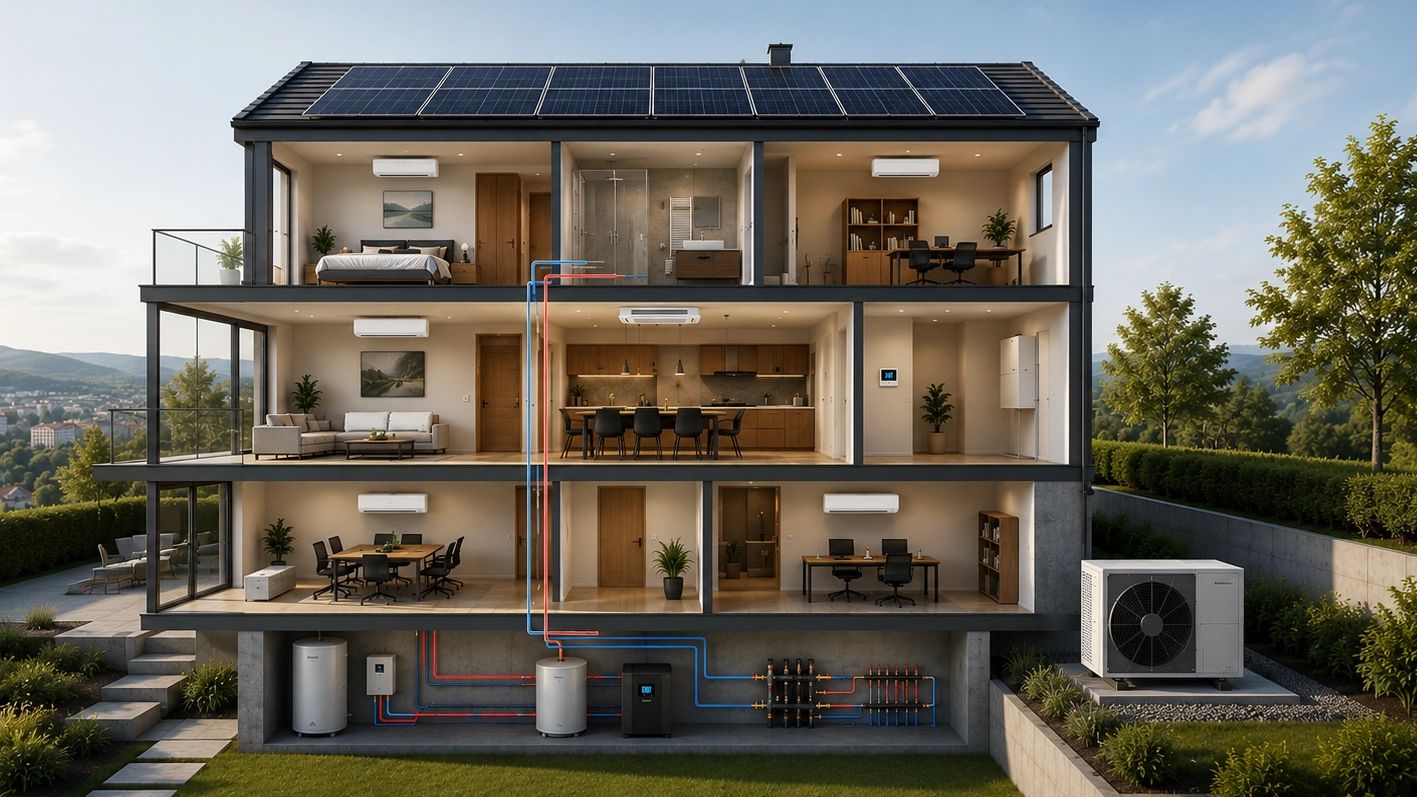 Modernes Haus mit Solarenergie und nachhaltigem Heizsystem.