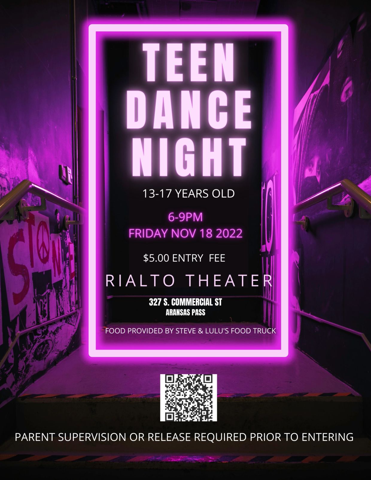 Neon-lit poster for a teen dance night at Rialto Theater in Aransas Pass.