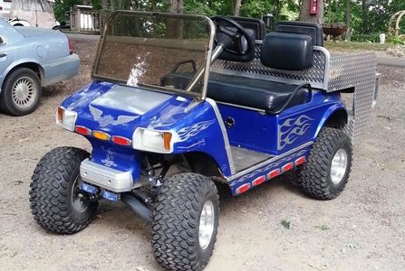 blue silver flame golf cart, clib car ds, custom golf cart. lift kit