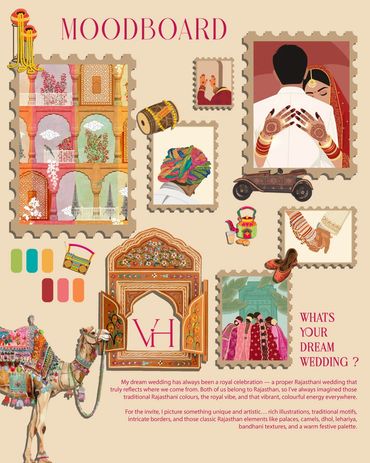 A colorful moodboard celebrating traditional Rajasthani wedding elements and culture.