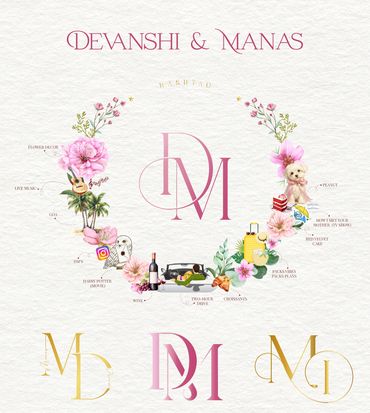Floral and romantic monogram designs for Devanshi & Manas featuring personal elements.