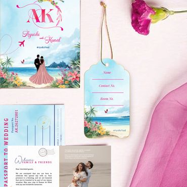 Wedding invitation set with beach theme and floral designs for Ayushi and Kunal.