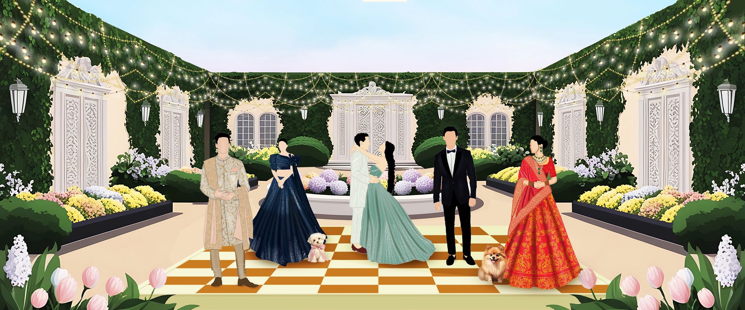 Elegant wedding scene with guests in traditional and modern attire, surrounded by flowers and fairy lights.