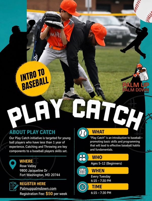 Youth baseball Play Catch program teaching basics for ages 5-12 every Tuesday in Fort Washington.