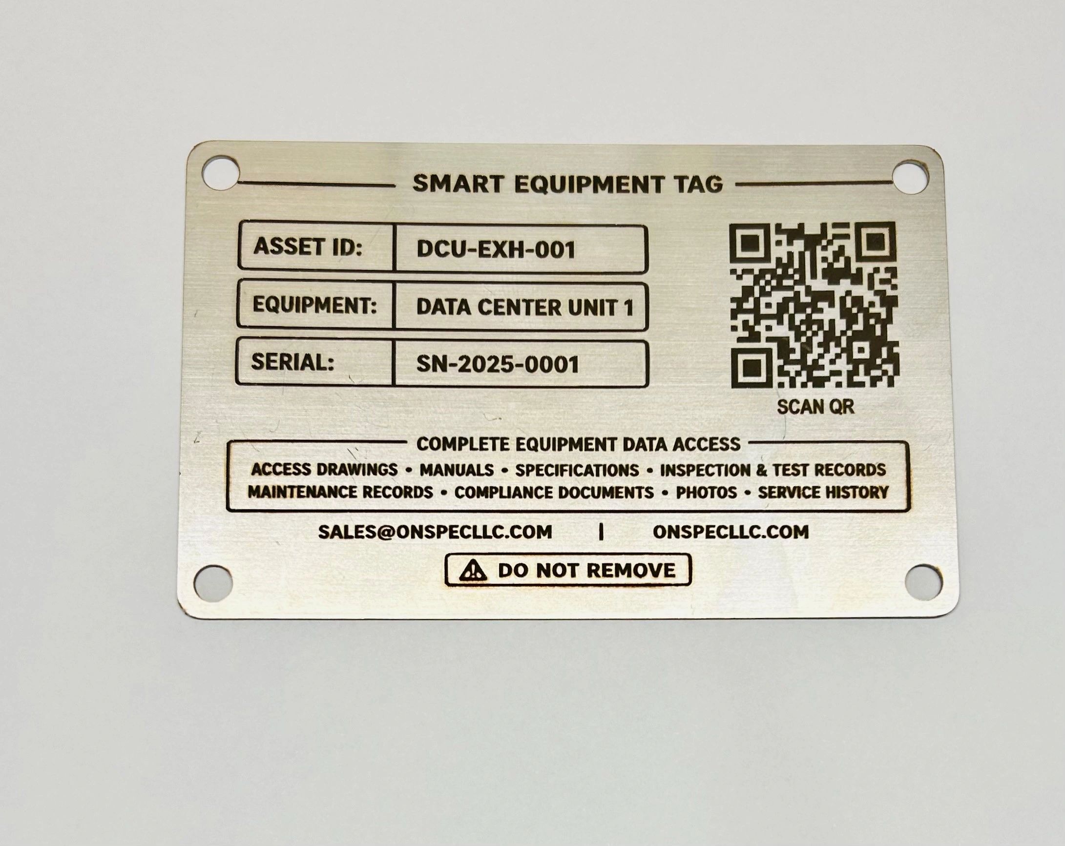Smart equipment tag with asset ID, equipment name, serial number, and QR code.