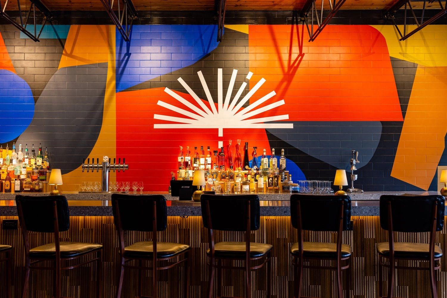 custom mural painted in a new restaurant in Atlanta, GA.  Colorful mural at a bar