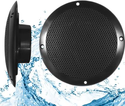 Waterproof black round speaker with water splash.