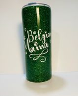 Green glitter tumbler with white vinyl