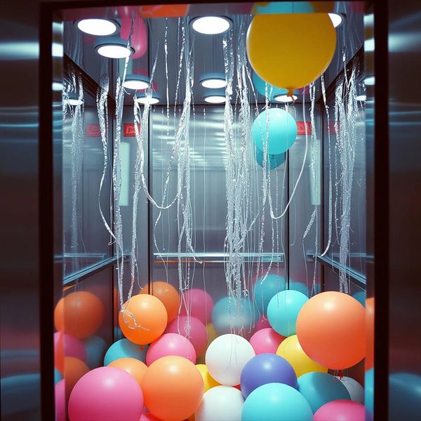 An elevator filled with colorful balloons and silver streamers hanging from the ceiling.