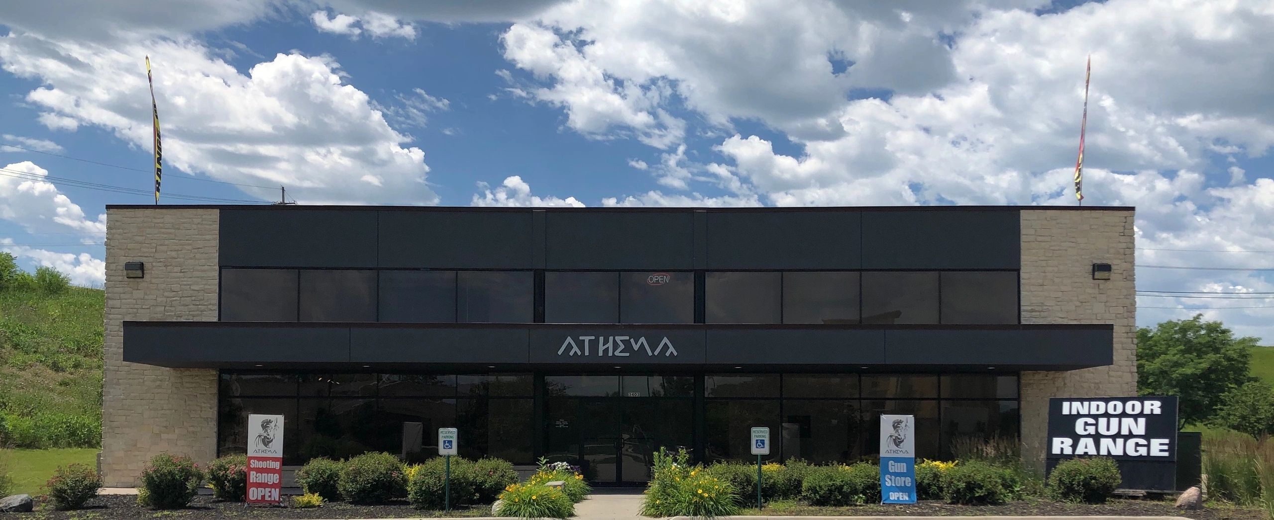 Athena Arms indoor shooting range, gun club, firearms store, training center.