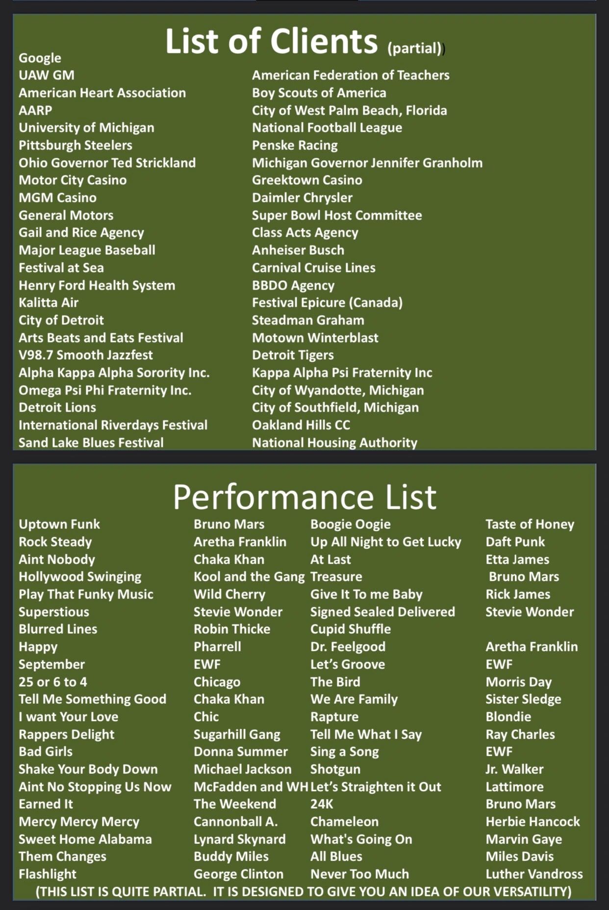 List of Clients and Performances