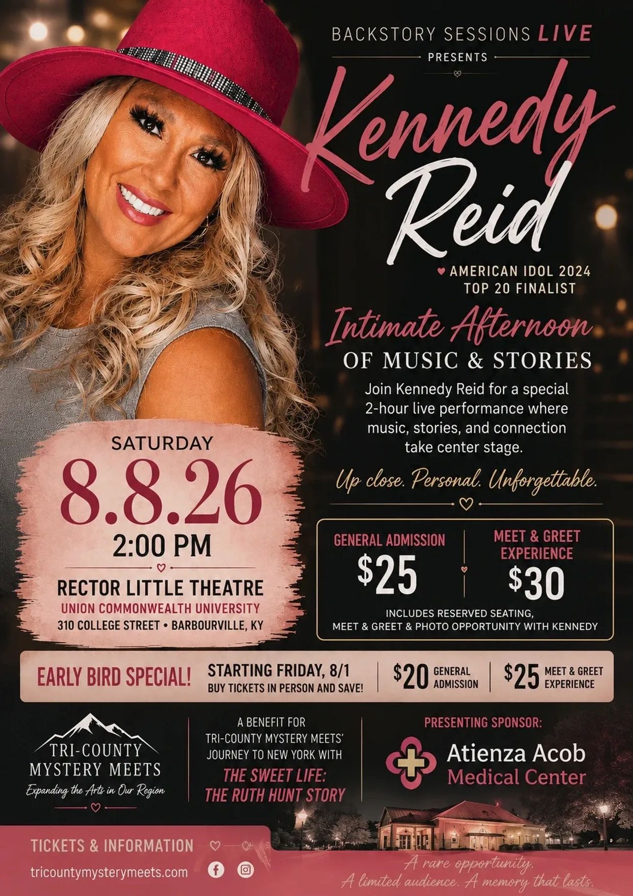 Kennedy Reid live music and stories event on 8.8.26 at Rector Little Theatre.