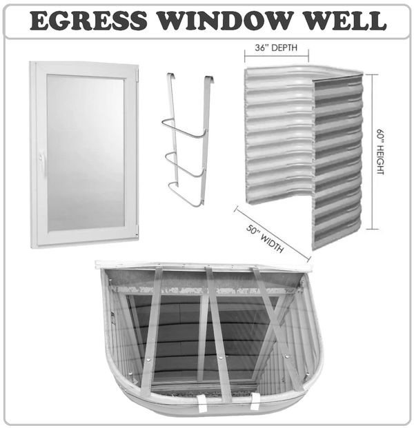 Egress window well system
Window Well
Basement window
Egress escape ladder Sloped
Window well cover
