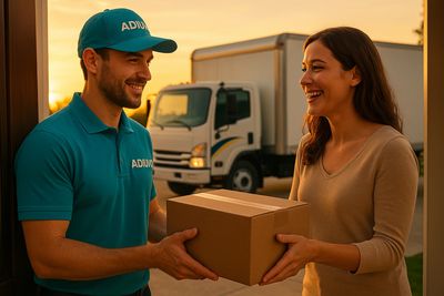 Delivery person hands a package to a smiling woman at sunset.