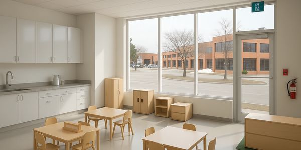 A photograph of an childcare centre's activity room with storefront windows looking outside
