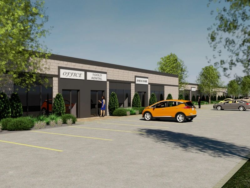 A rendering of a one story business plaza with beige masonry and warm grey stucco entry portals.