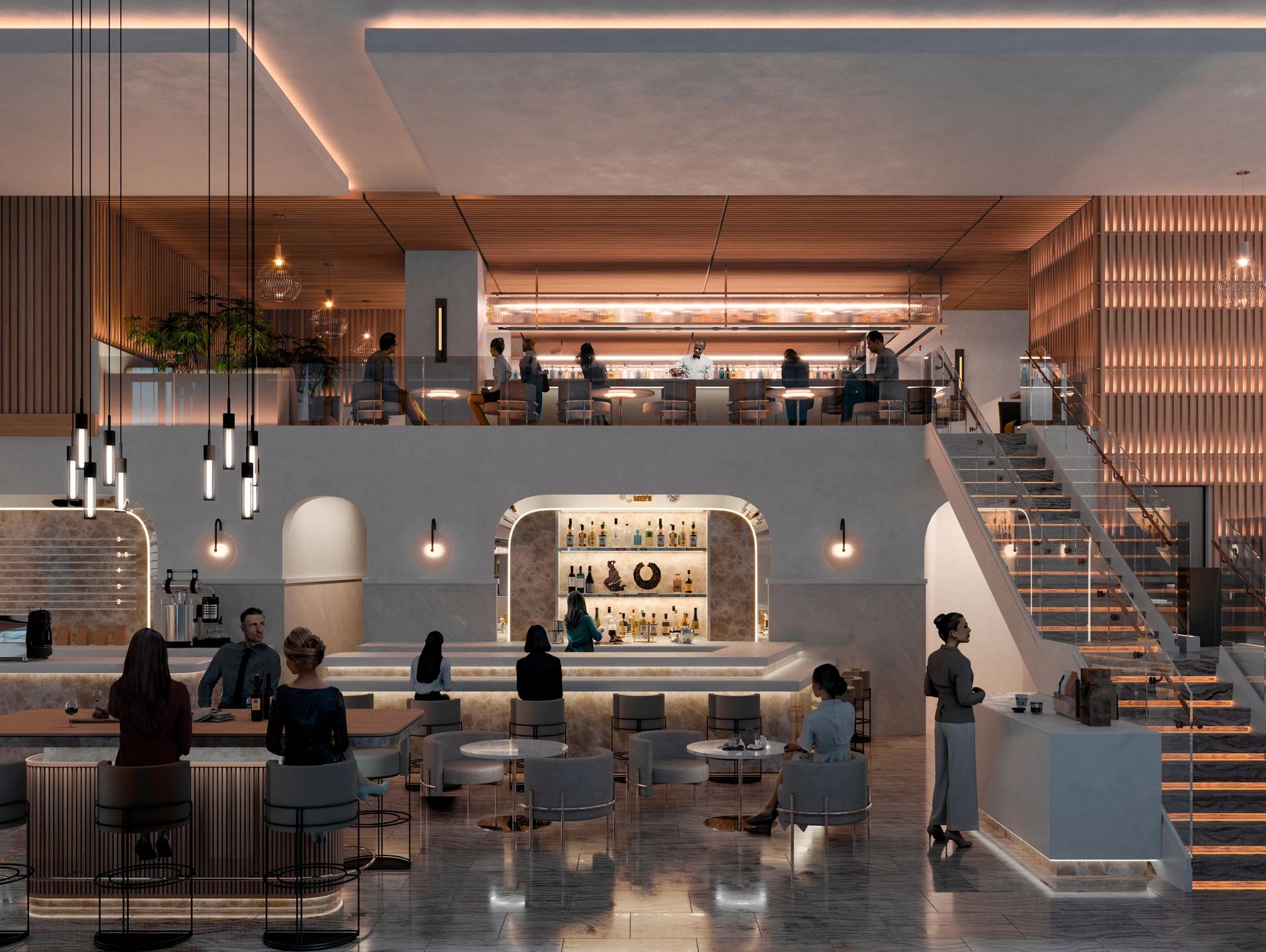 A rendering of a restaurant in the evening with an illuminated stair leading up to a mezzanine bar.