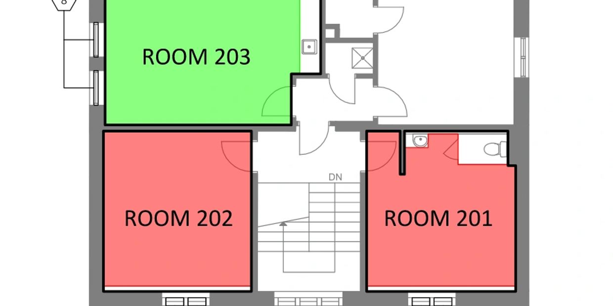 Floor plan diagram color coded red and green for various rooms