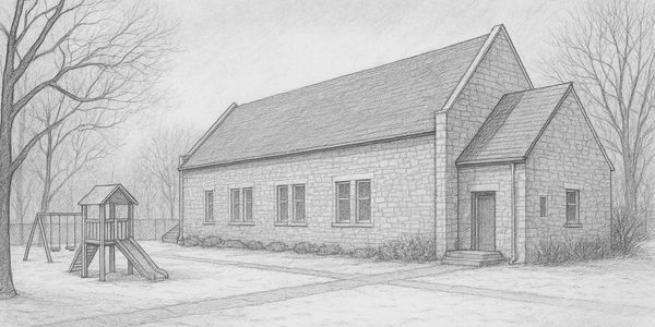 A pencil drawing perspective view of a community building with a play structure in the landscape