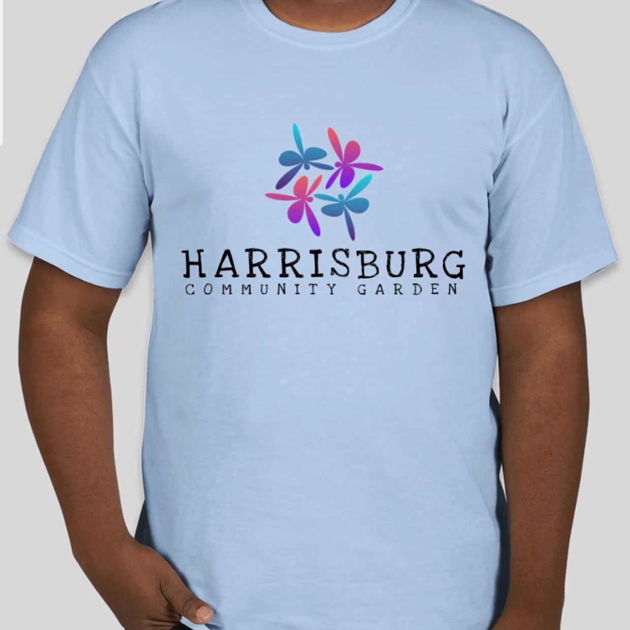 Light blue t-shirt with Harrisburg Community Garden logo.