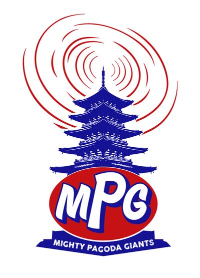 Logo of Mighty Pagoda Giants with a blue pagoda and red signal waves.