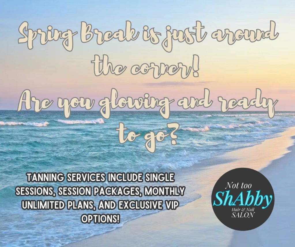 Spring break tanning services advertisement over a beach background.