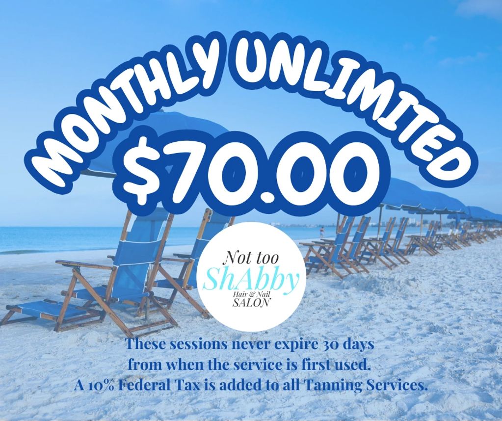 Beach scene with a $70 monthly unlimited tanning offer.