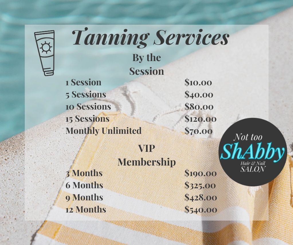 Tanning service prices and VIP memberships at a salon.