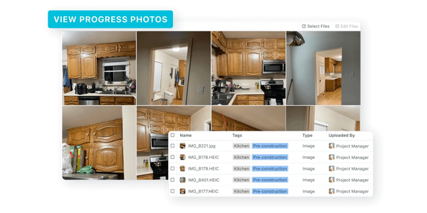 Collage of kitchen photos labeled as pre-construction progress images.