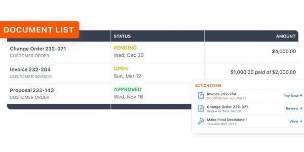 Document list showing status and amounts with action items for invoices and orders.