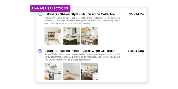 Options for Malibu White and Aspen White kitchen cabinets with prices and images.