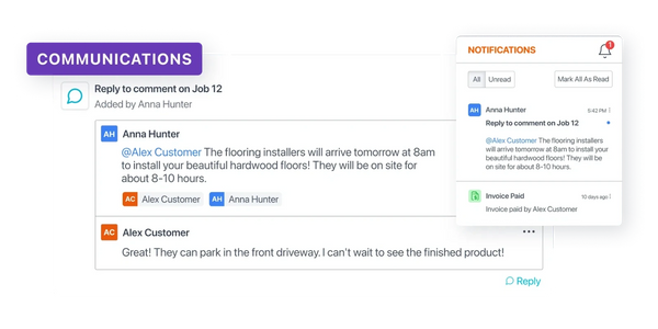 Communication between Anna Hunter and Alex Customer about flooring installation details.