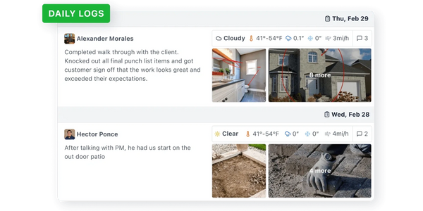 Daily logs showing construction updates with weather details and photos from Alexander Morales and Hector Ponce.