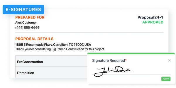 Digital proposal approval with e-signature for construction project.