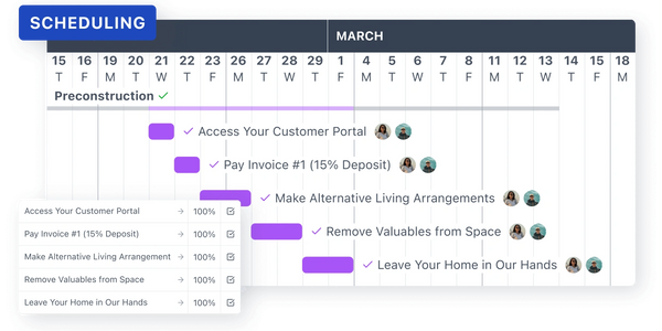 A detailed project scheduling timeline for preconstruction tasks in March with progress indicators and assigned personnel.