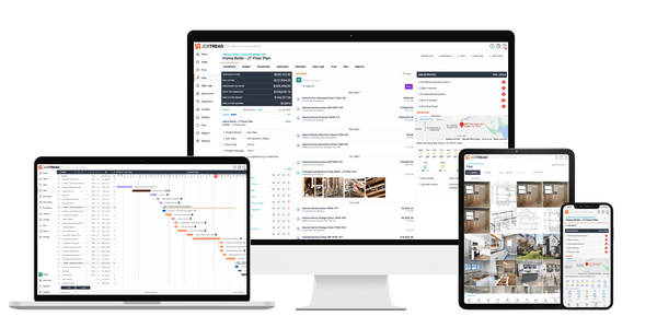 JobTread project management software displayed on multiple devices for construction workflow.