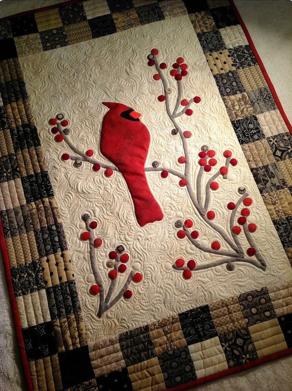 Redbird and Berries Mini Quilt by Karen L. Miller 