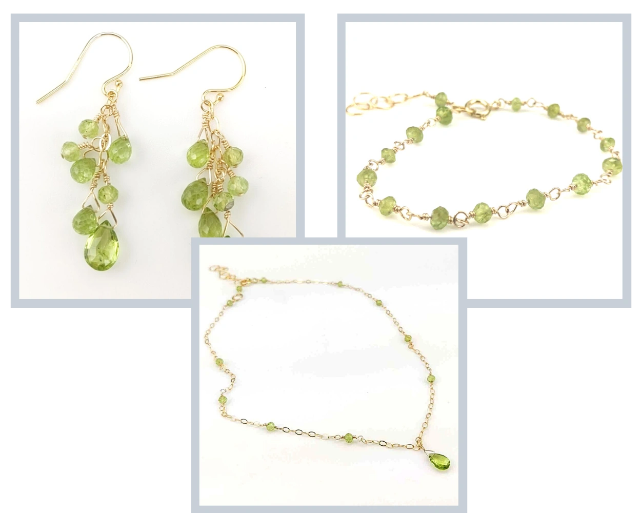 Hand made artisan peridot and gold filled earrings necklace bracelet