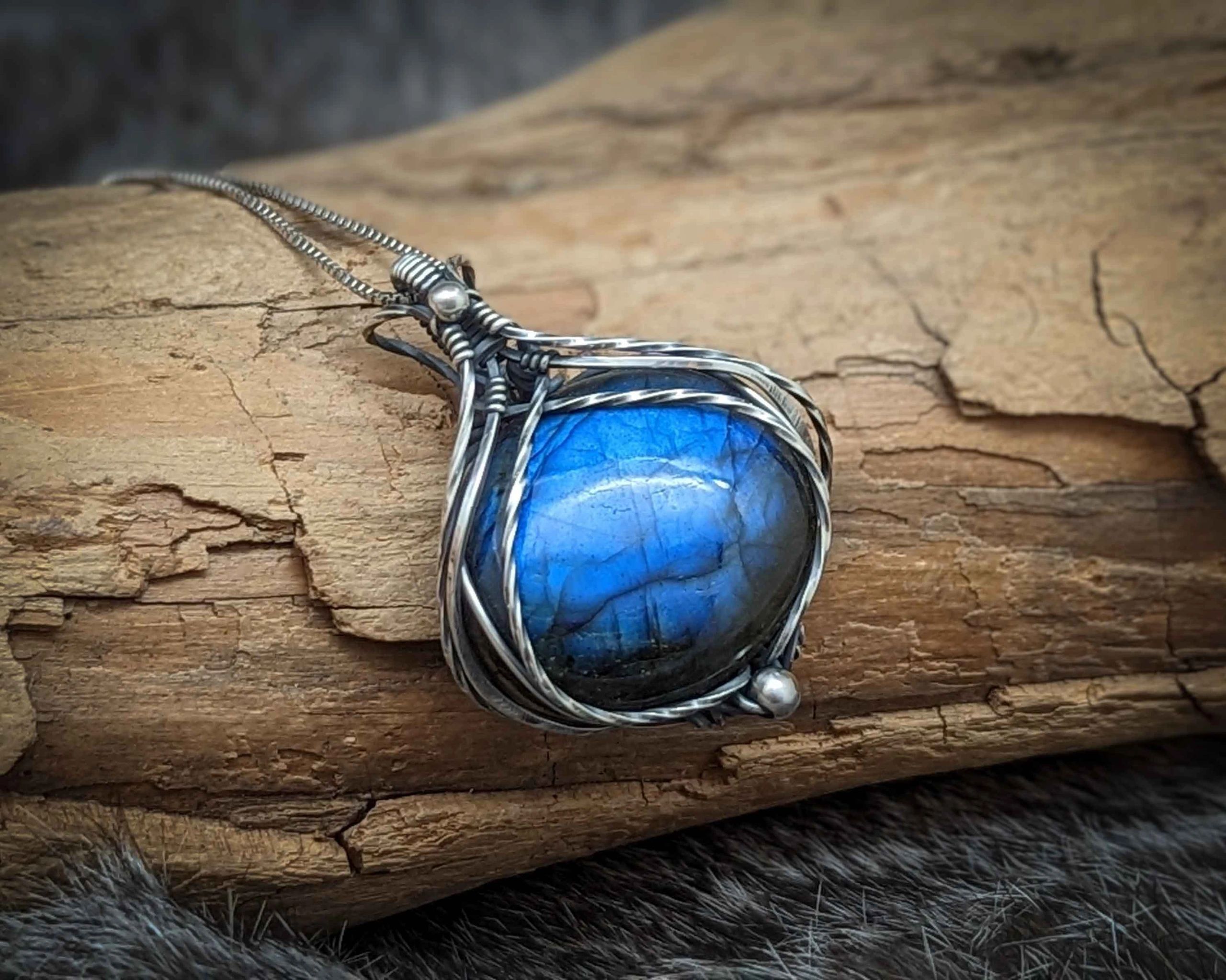 Blue Oval Genuine Natural Labradorite wire wrapped in solid sterling silver by Vanessa Esparza