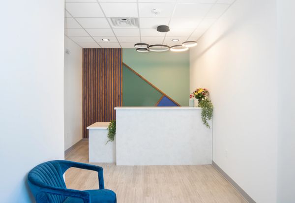 interior office space, lobby, waiting area, mural wall, focal wall