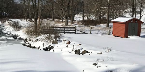 Red shed in winter snow