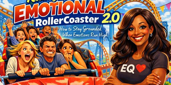 Illustration of diverse people on a roller coaster with emotional expressions and positive message.